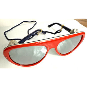 Vintage Glacier Sunglasses Red Blue Ski Aviator Mirrored Lenses Leather Shield